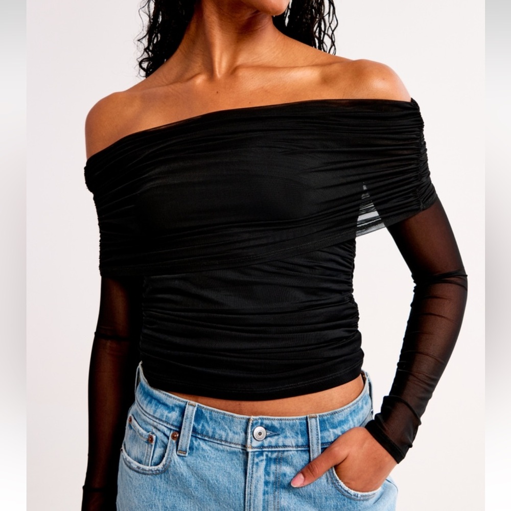 Long-Sleeve Off-the-Shoulder Mesh Top